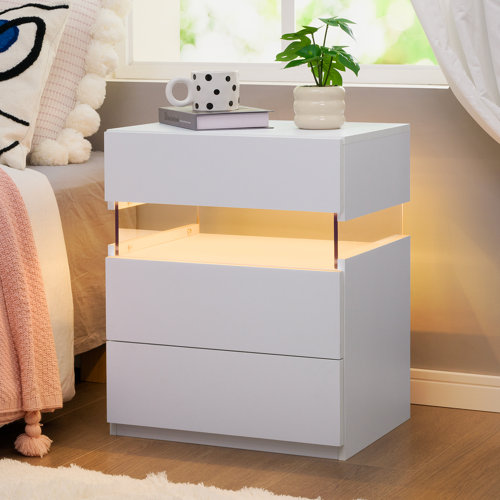 Jacleen LED Nightstands 3 Drawer Dresser End Table with Acrylic Board LED Beside Tables